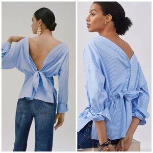 Large Harshman for Anthropologie Rear Bottom & Tie Striped Blouse Blue & White